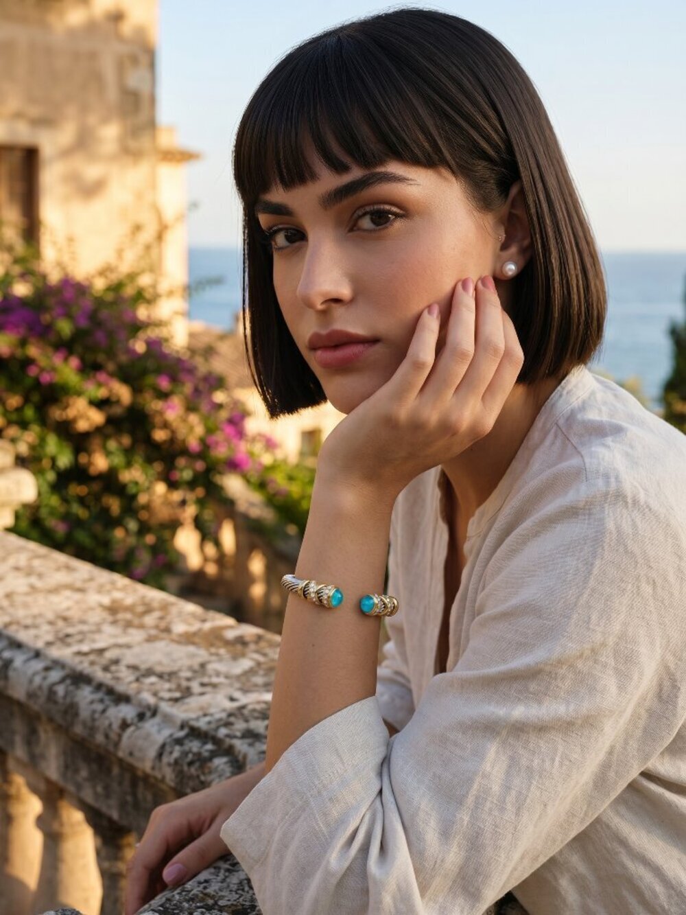 Two-Tone 18K Gold Plated Cable Cuff Mixed Metals Bracelet Turquoise Crystals - Picture 9 of 12